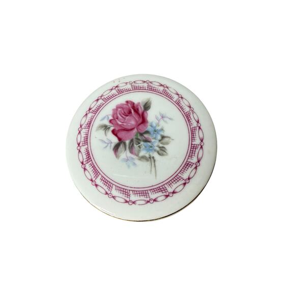 Vintage White Porcelain Trinket Box with lid gold rim and pink flower - Picture 7 of 7